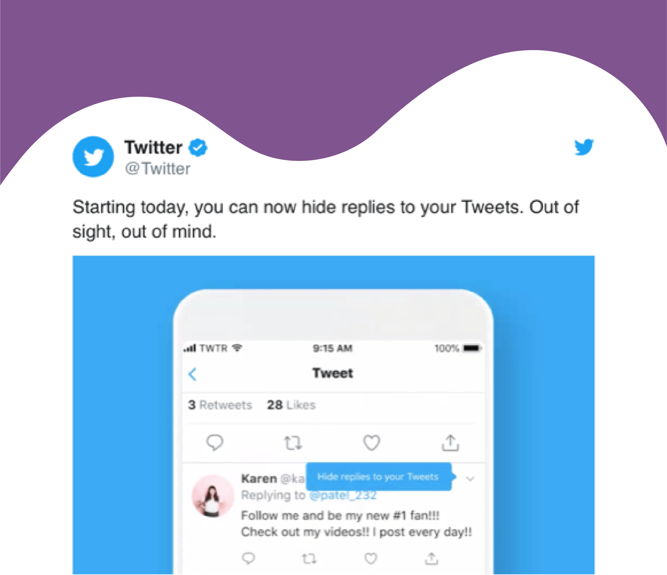Twitter gives users an option to hide irrelevant replies